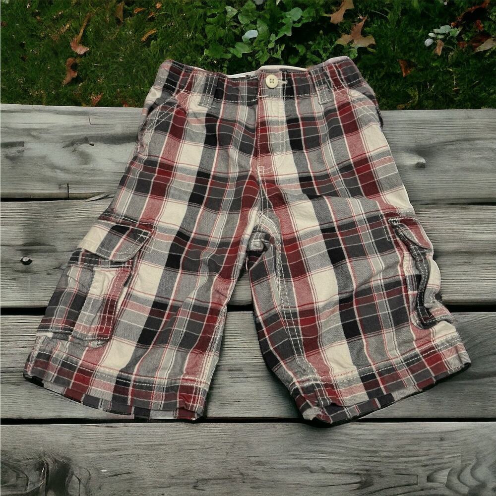 Arizona Boys Shorts Sz 7X Brick Red Gray White Plaid Adjustable Waist Cargo